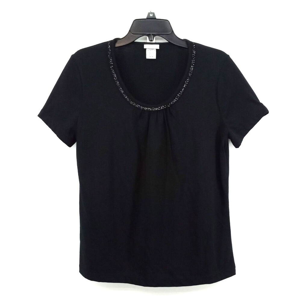 Jaclyn Smith Blouse Womens Medium Black Sequin Scoop Neck Short Sleeve Top